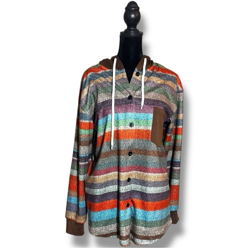 Striped Multicolor Button Up Brown Hood and Front Pocket Long Sleeve Sweater - Picture 4 of 16